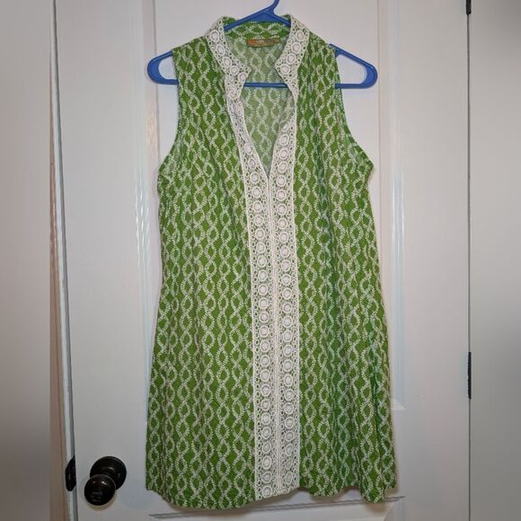 Rock Flower Paper Cotton Tunic Dress L Green Geometric Lace Trim Resort Vacation - Picture 2 of 5